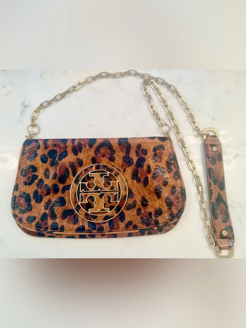 RARE Tory Burch Ainsley Leather Leopard Crossbody Clutch w/ Removable Strap